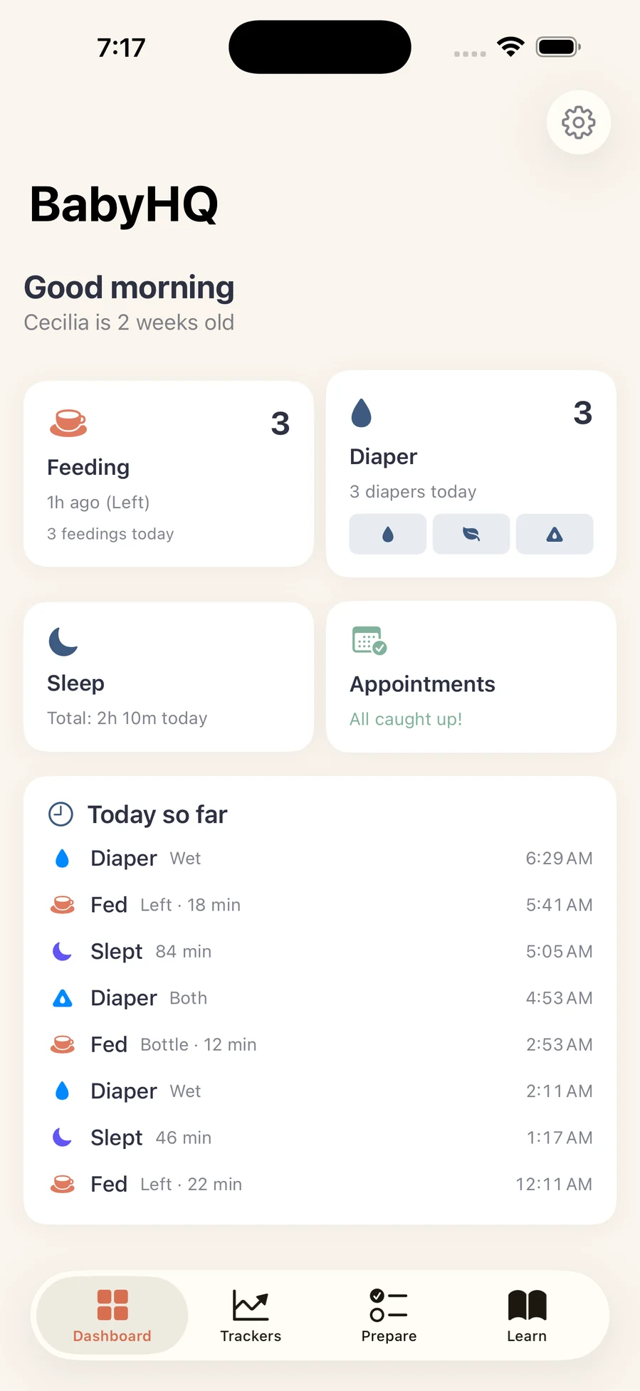 Dashboard with feeding, diaper and sleep tiles above a merged Today So Far timeline