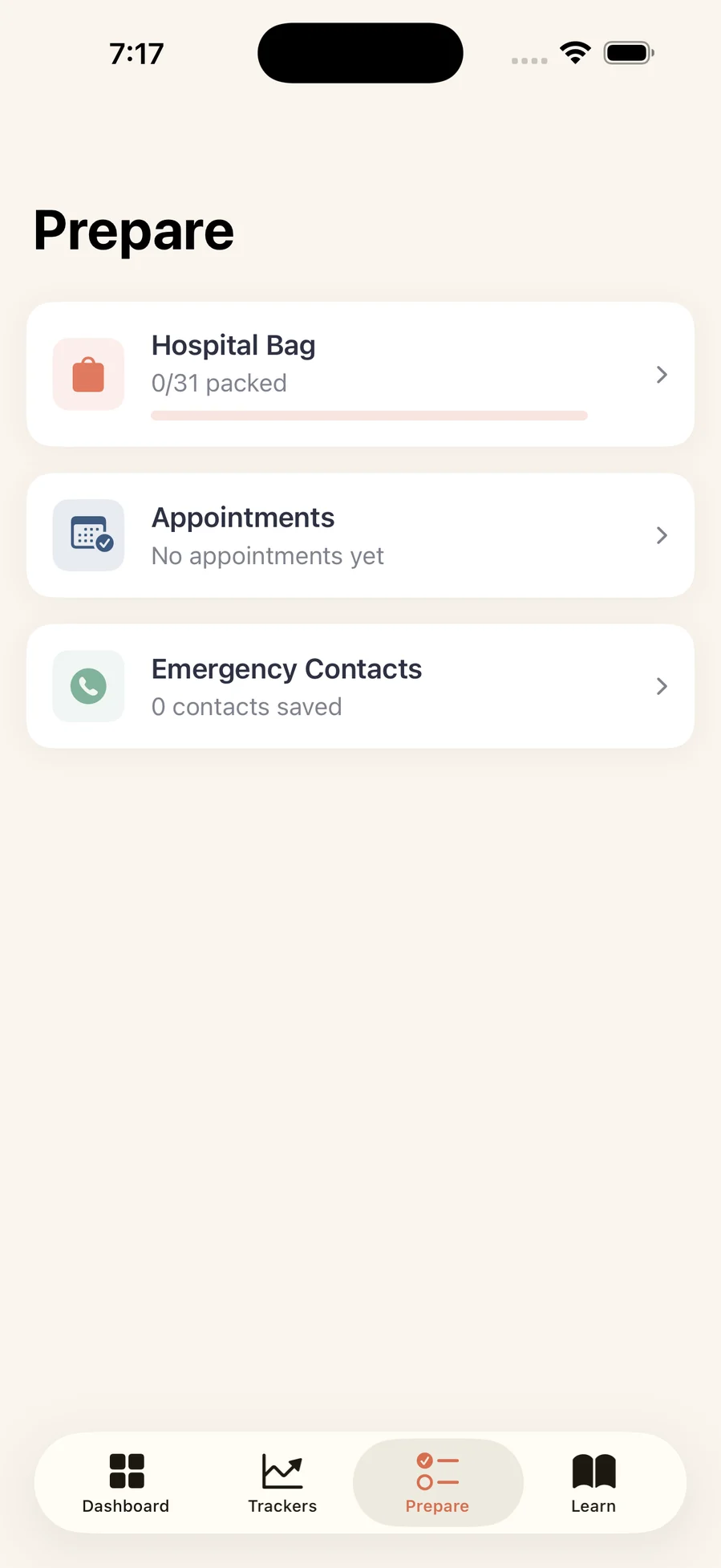Prepare tab with hospital bag progress, appointments and emergency contacts