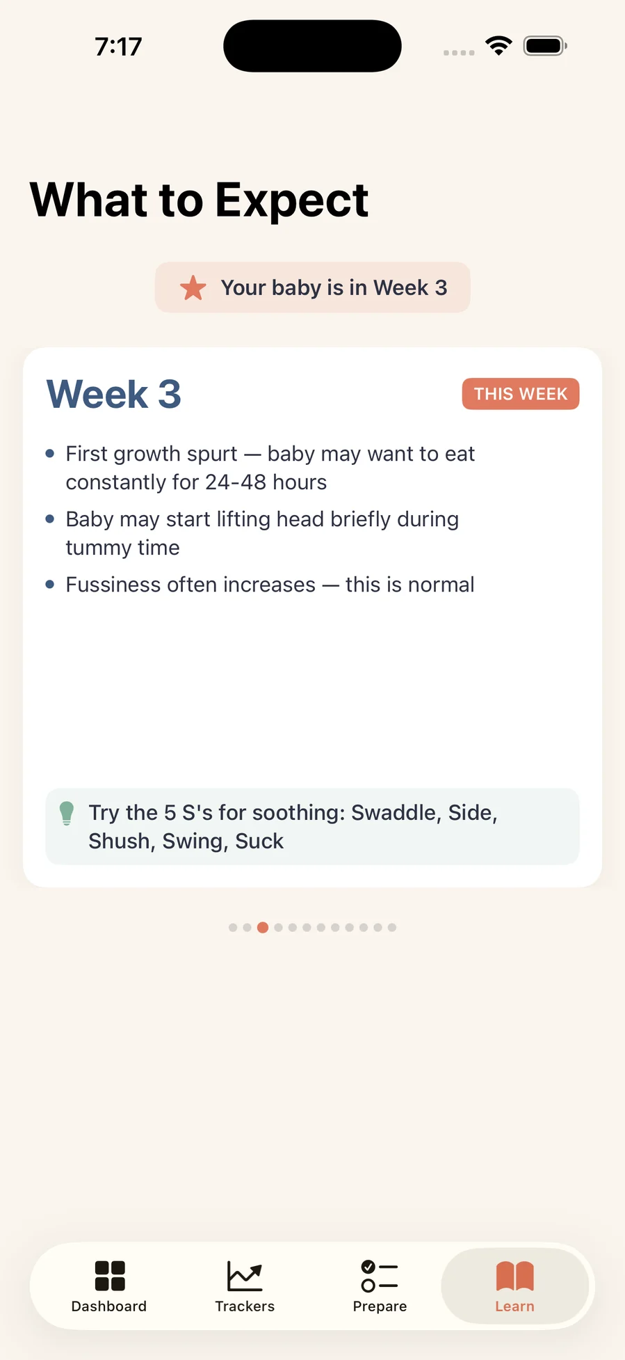 What to Expect timeline showing week three of a newborn's development