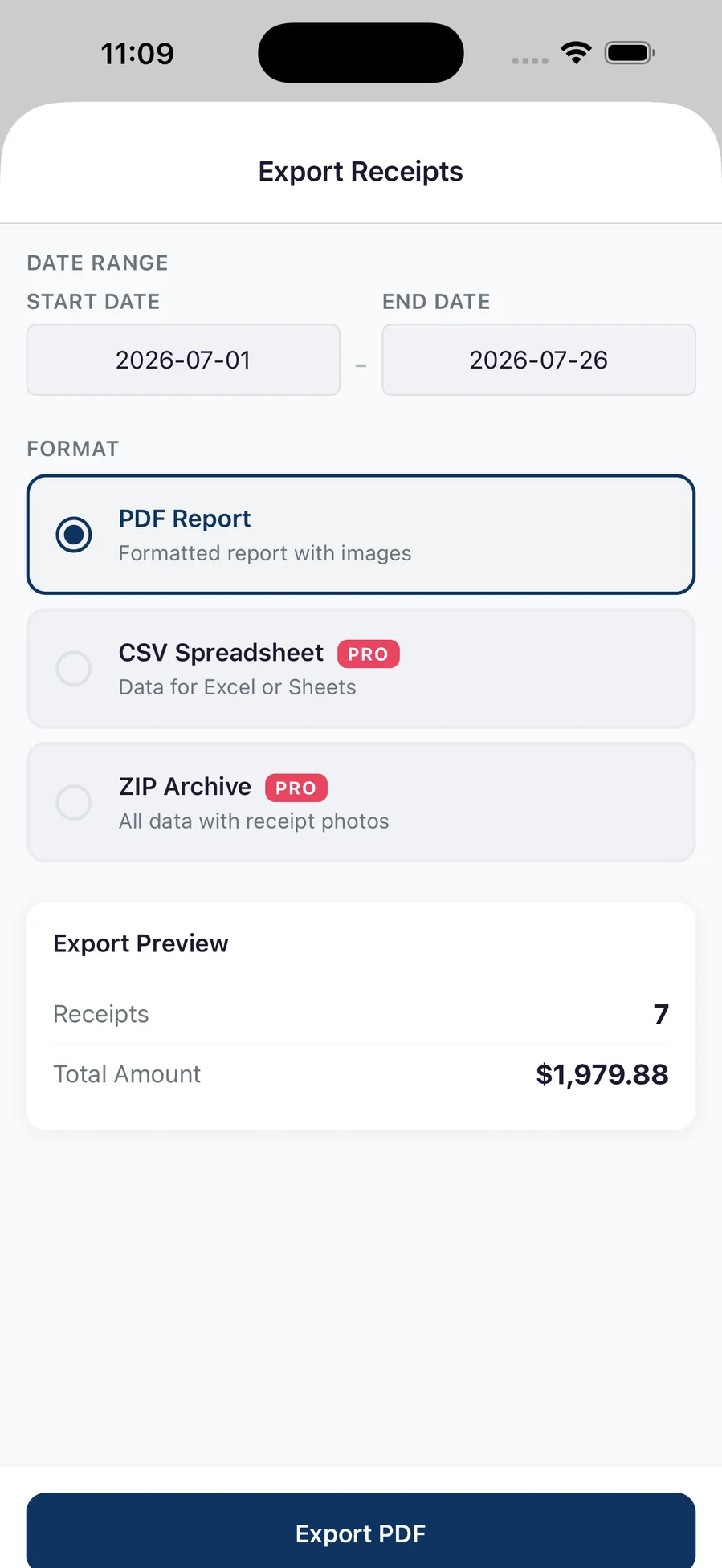 Export screen with a date range, PDF, CSV and ZIP options, and a preview showing 7 receipts totalling $1,979.88