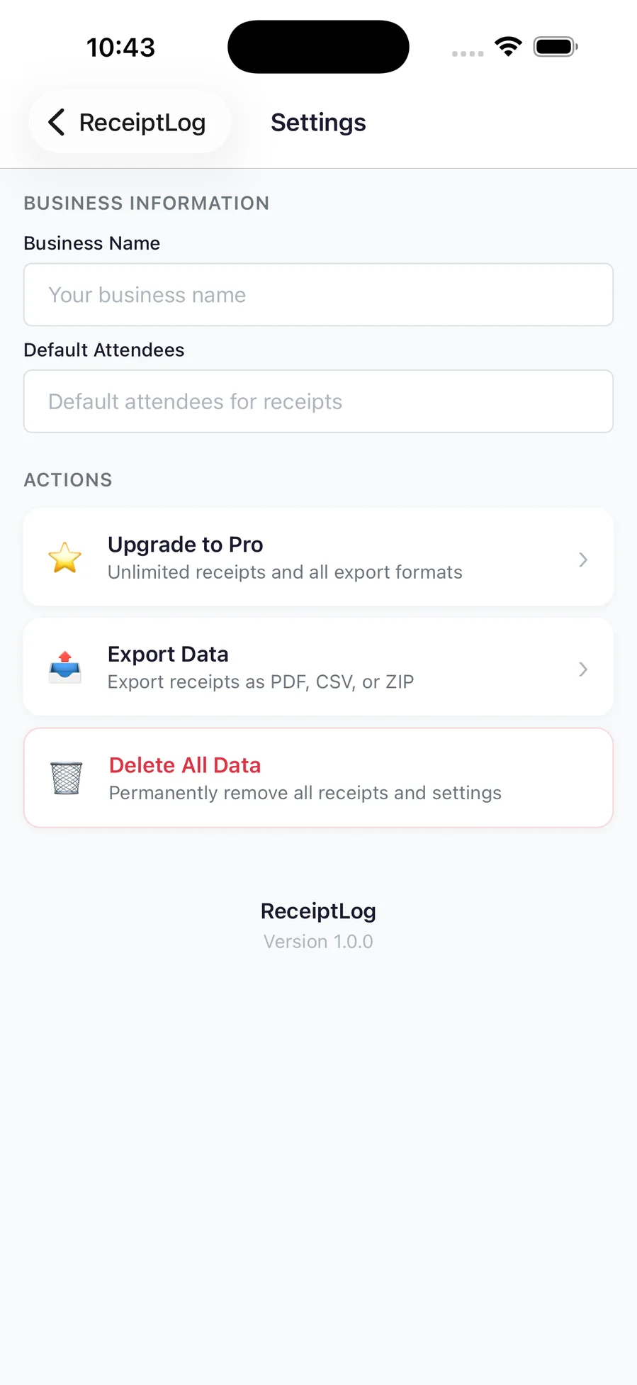 Settings with business information fields above upgrade, export and delete all data actions