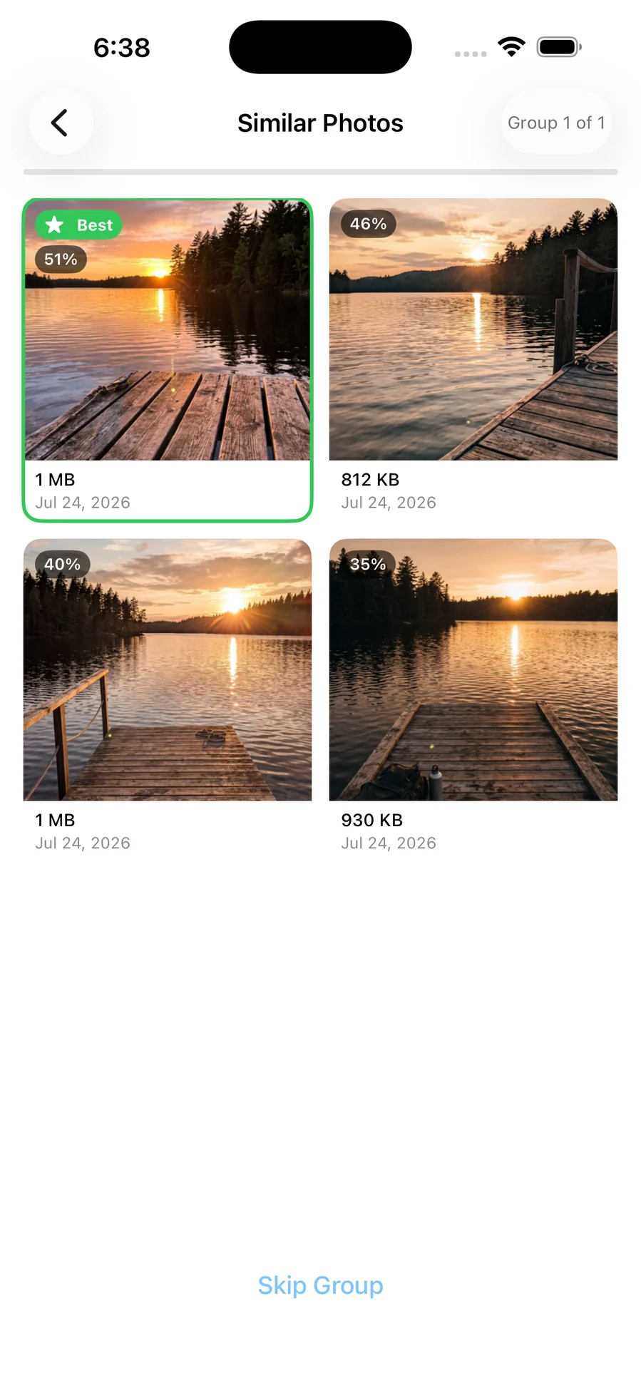 Four near-identical lake photos grouped together, each with a quality score and one marked Best