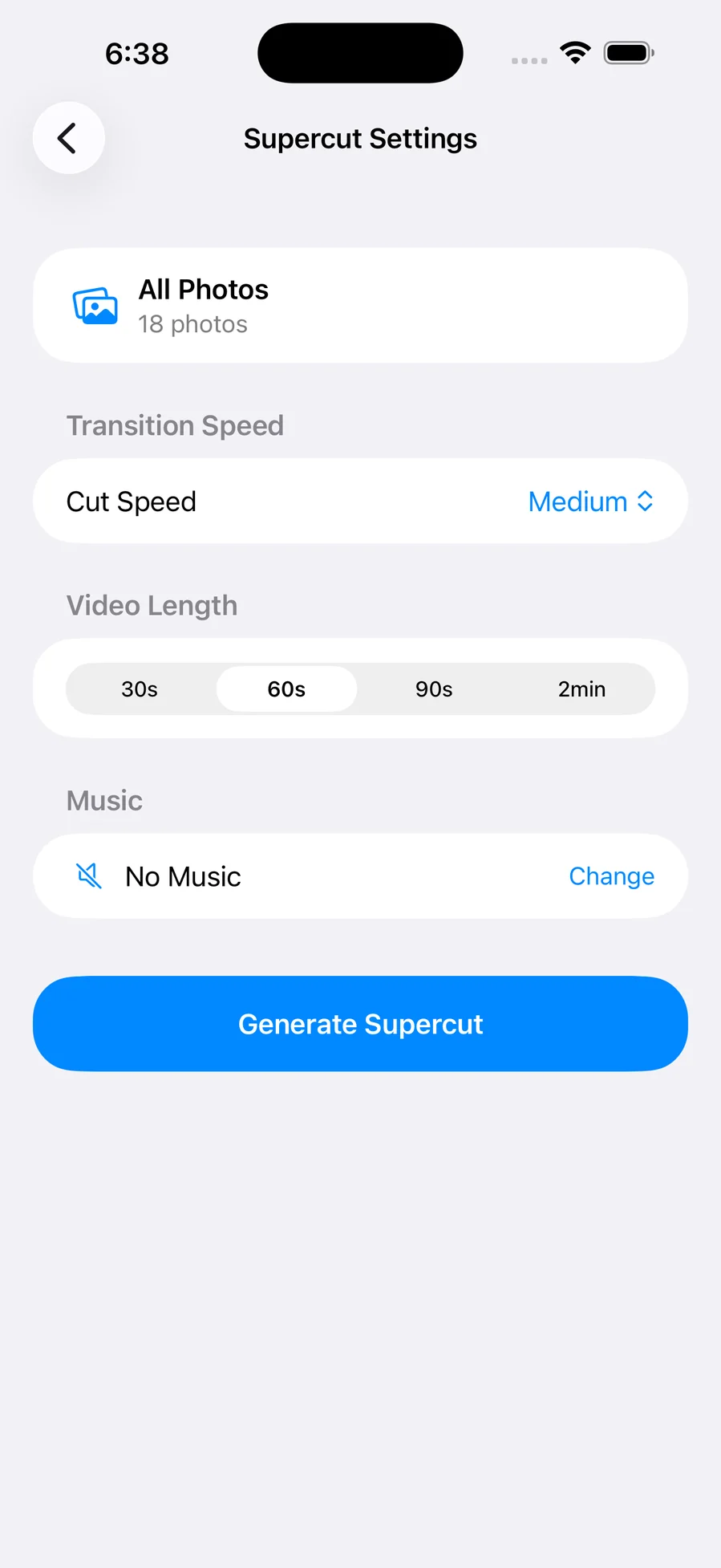 Supercut settings with cut speed, video length and music options