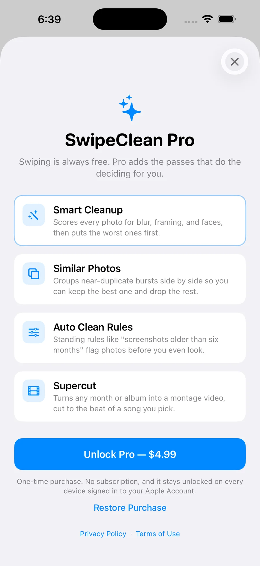 SwipeClean Pro paywall listing Smart Cleanup, Similar Photos, Auto Clean Rules and Supercut
