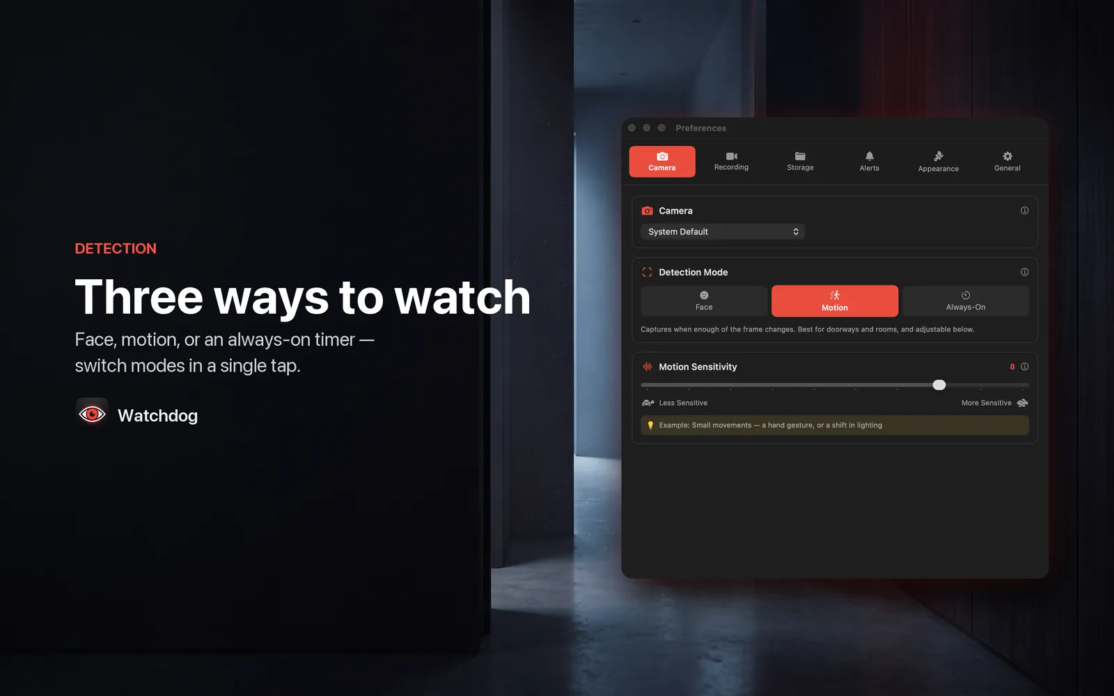 Detection mode set to Motion, with a motion sensitivity slider