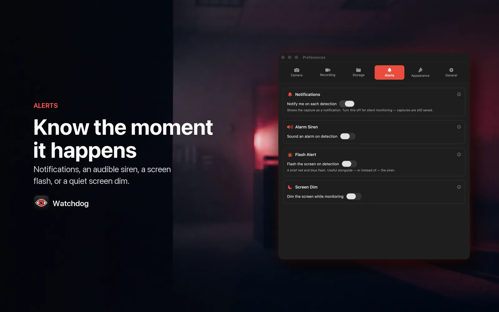 Notification, alarm siren, flash alert, and screen dim toggles