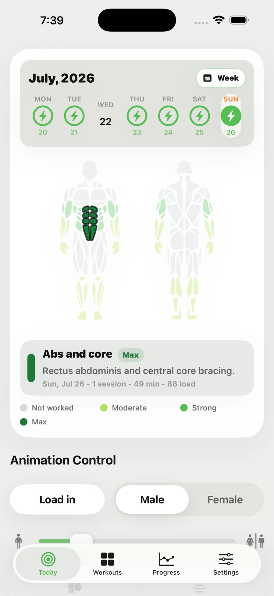 Front and back muscle map diagrams shaded green by training intensity, above a week calendar strip