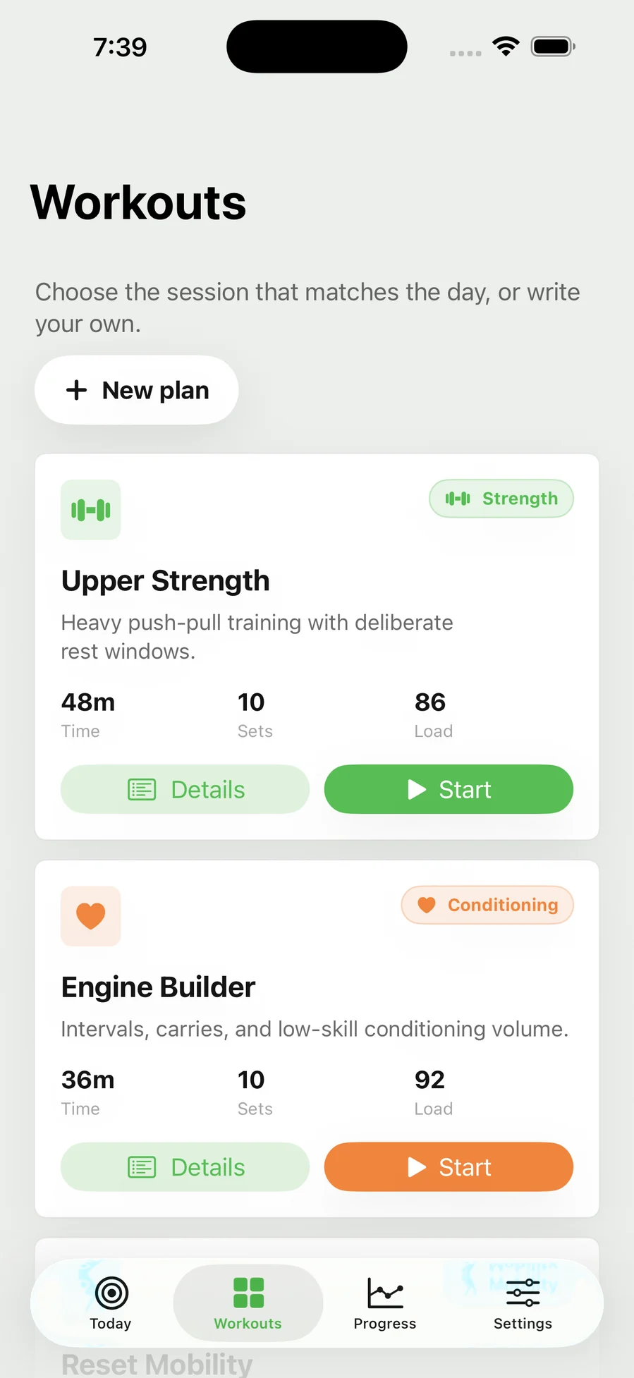Workout library with a New plan button and cards for Upper Strength and Engine Builder